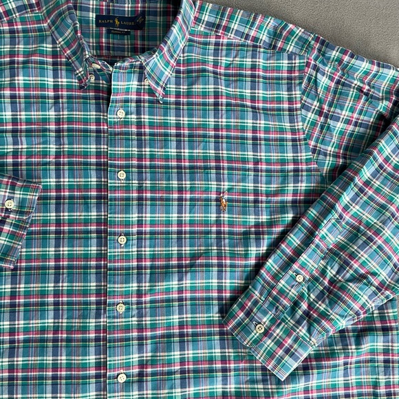 Ralph Lauren Men's Blue Green plaid button down sz 3xB classic fit flesh pony - Picture 5 of 10